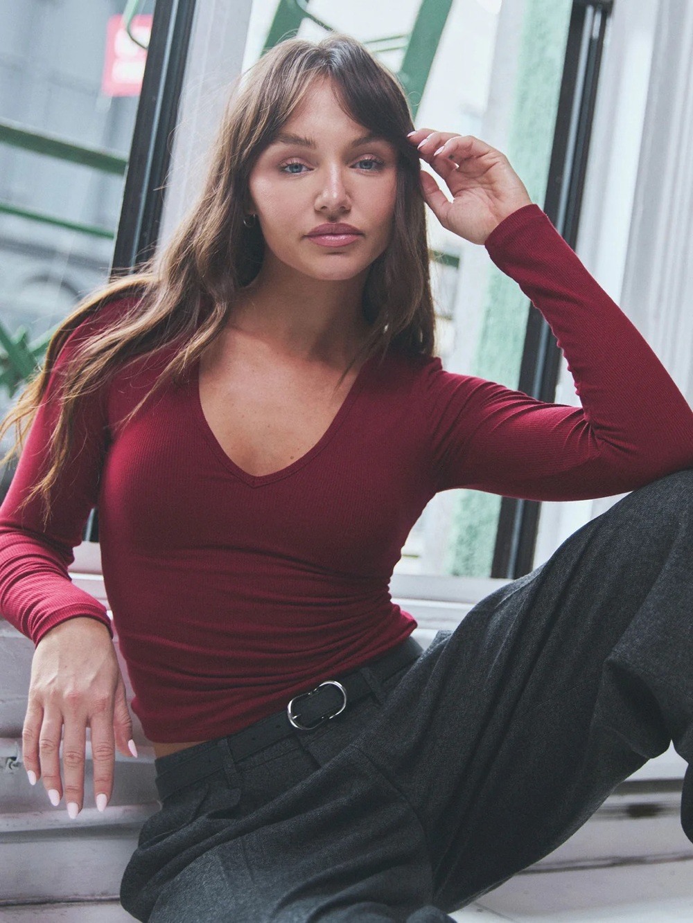 Klassy Network Braless Ribbed Deep V Long Sleeve in Cherry Red